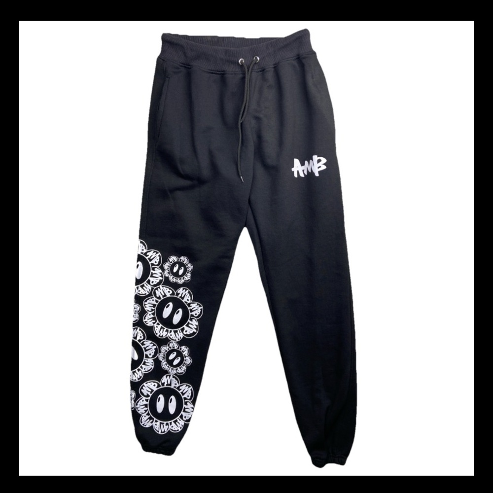 AMB Ambition Streetwear Joggers Sweat Pants Men Medium Flowers Black Drawstrings